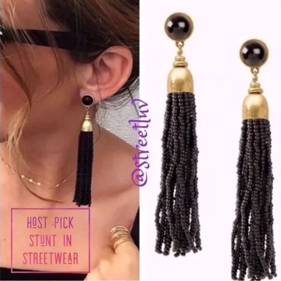 stella & dot ~ gita tassel earrings black with gold tone accents - Picture 1 of 7